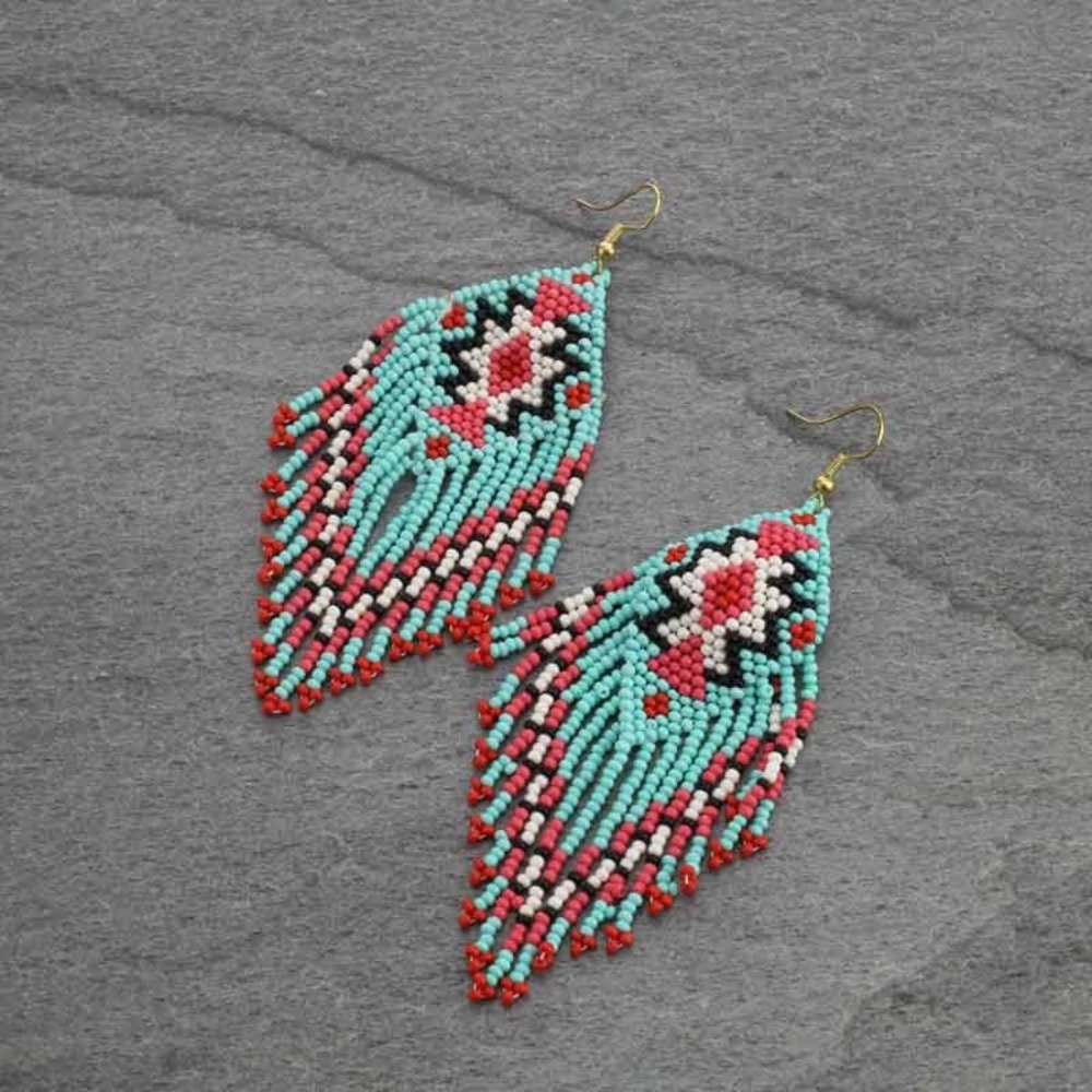 Beautiful Aqua Multicolored Beaded Tassel Fringe Earrings *E689